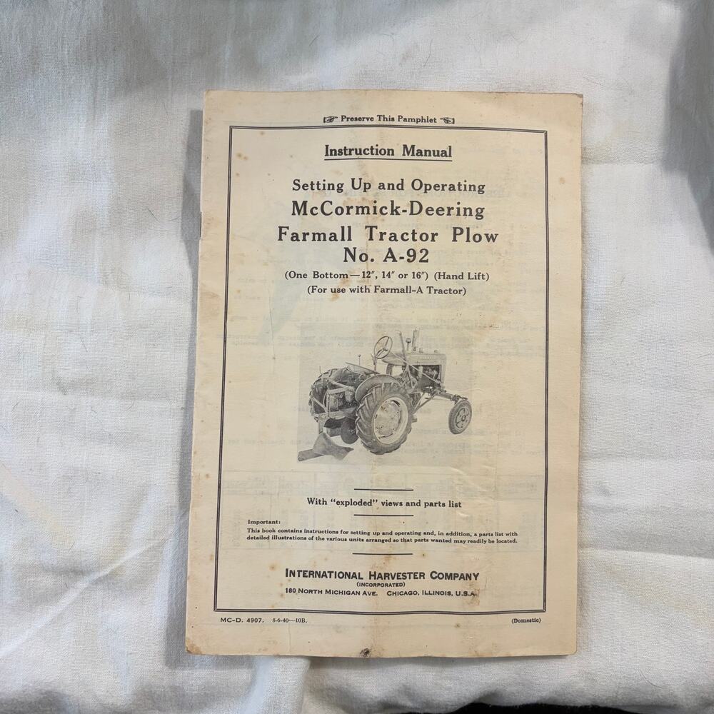 1940 McCormick-Deering Farmall A-92 Plow Instruction Manual Original IH Parts